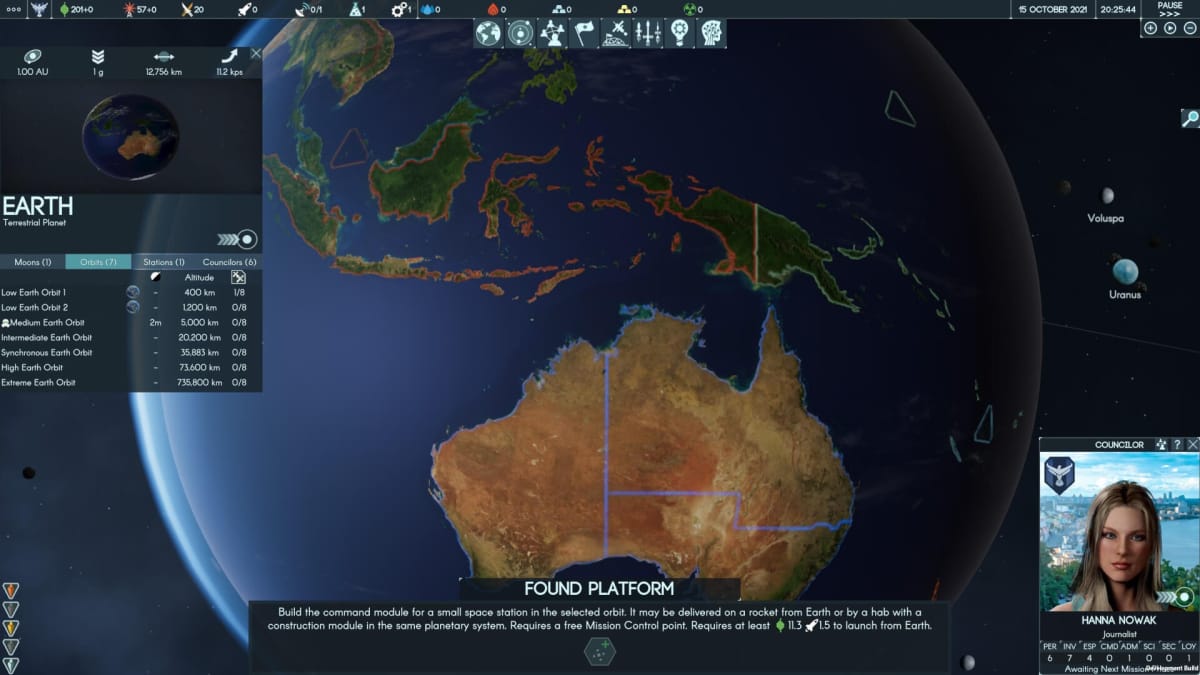 A strategy screen showing a view of Earth as well as the ability to found a new command module platform in Terra Invicta