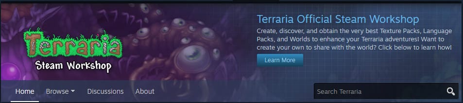 A banner depicting the homepage of the Terraria Steam Workshop