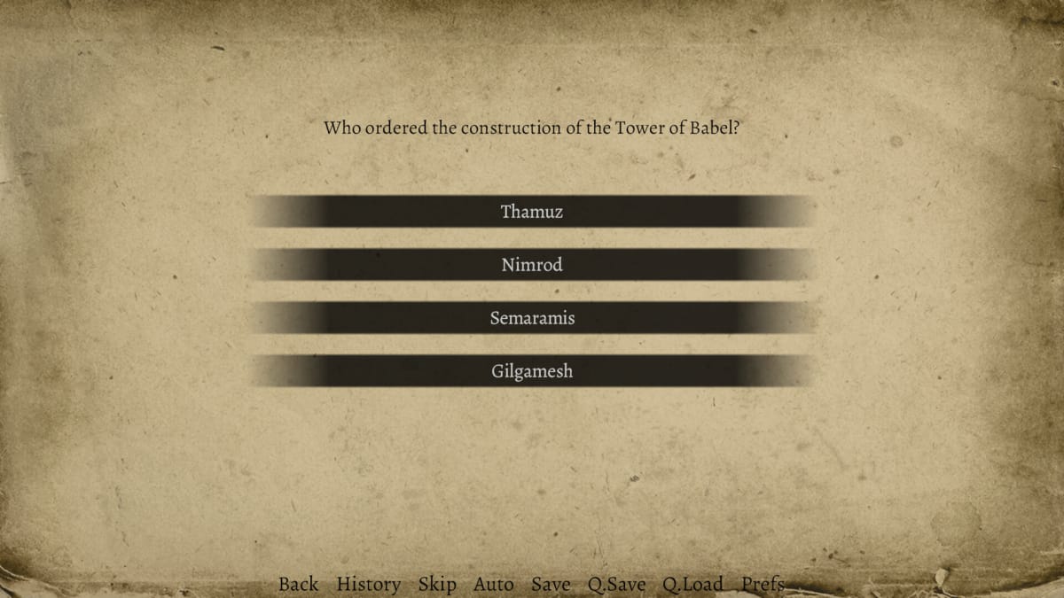 A trivia question about who built the Tower of Babel in The Bible on Steam