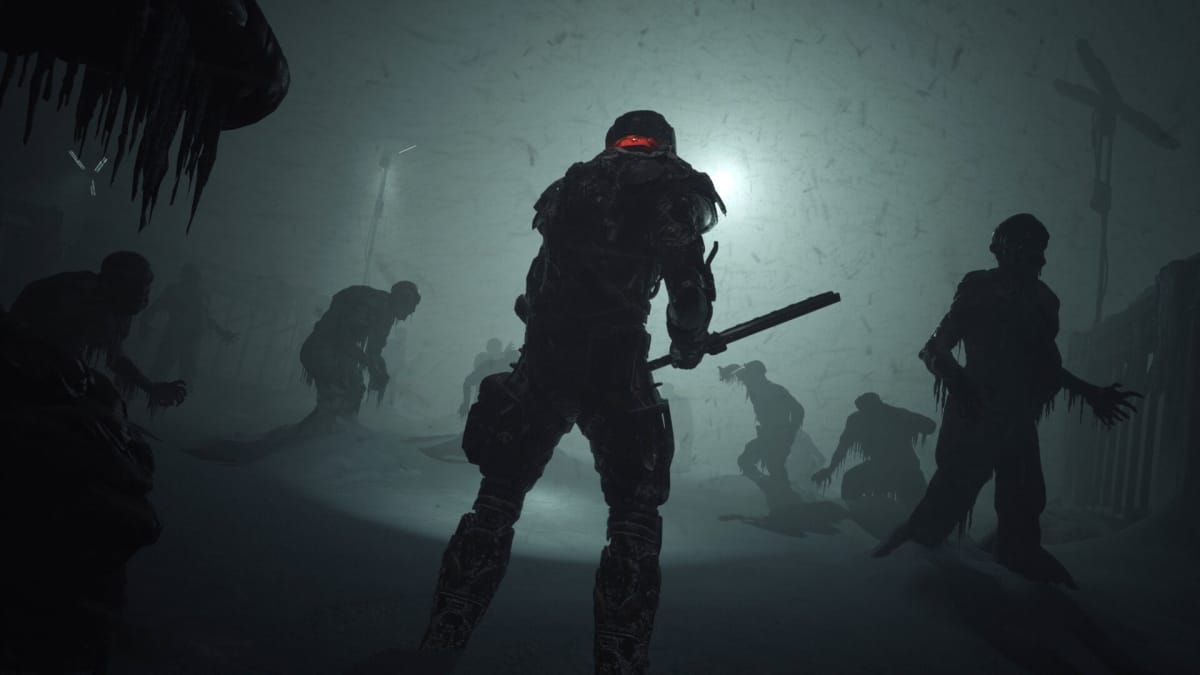 A character facing a group of enemies with a melee weapon in The Callisto Protocol