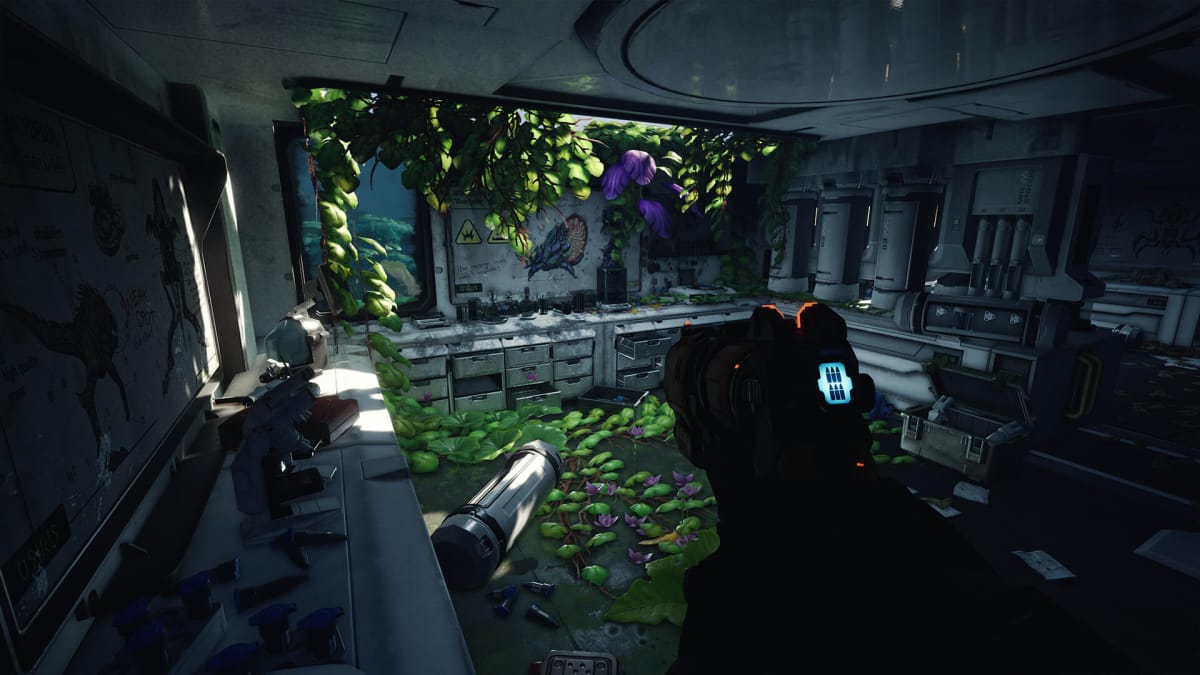 The player looking at an area overgrown with plants in The Cycle: Frontier