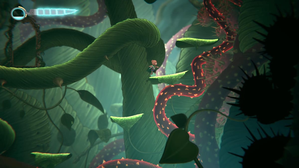 This The Darkest Tales screenshot shows off the main character hopping up a bunch of leaves.