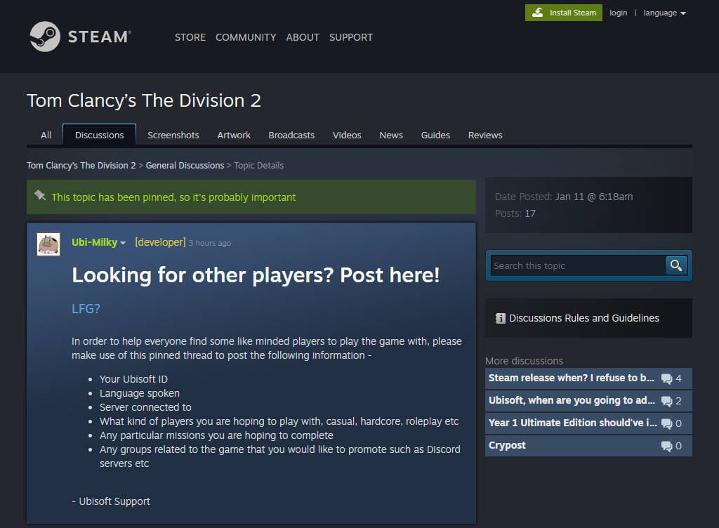 The Division 2 Steam Community forums first post