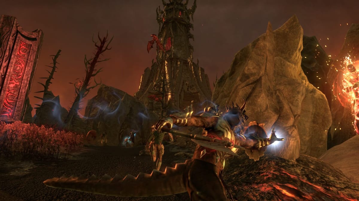 A screenshot from The Elder Scrolls Online showing a fiery dungeon scene