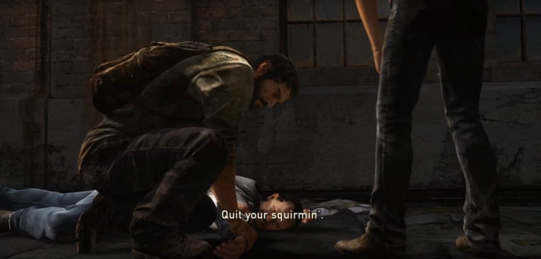 A screenshot of The Last of Us Remastered with Joel about to break Robert's arm