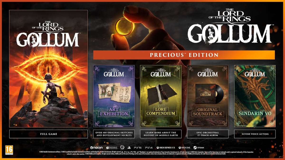 An image showing the art, lore compendium, soundtrack, and extra VO you get with The Lord of the Rings: Gollum Precious Edition
