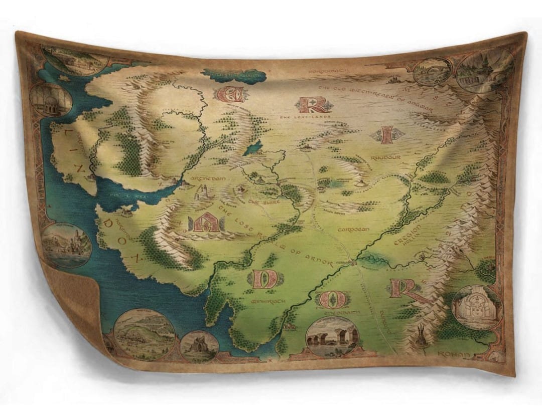 A cloth map of the land of Eriador from The One Ring