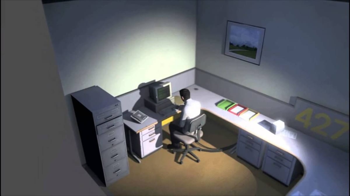 Stanley from The Stanley Parable sat at his desk 