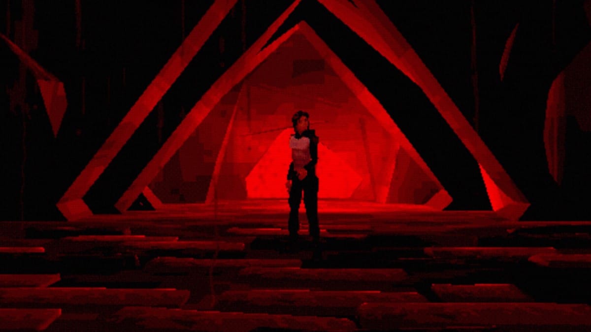 A screenshot from The Tartarus Key showing Alex in a dark hallway that is glowing red