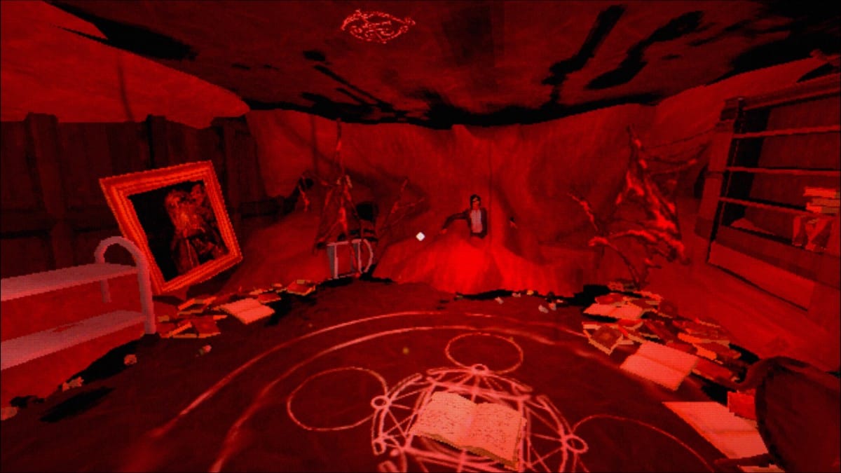 A screenshot from The Tartarus Key depicting a man caught in fleshy growths coming out of the wall of a library, a magic circle is on the floor.