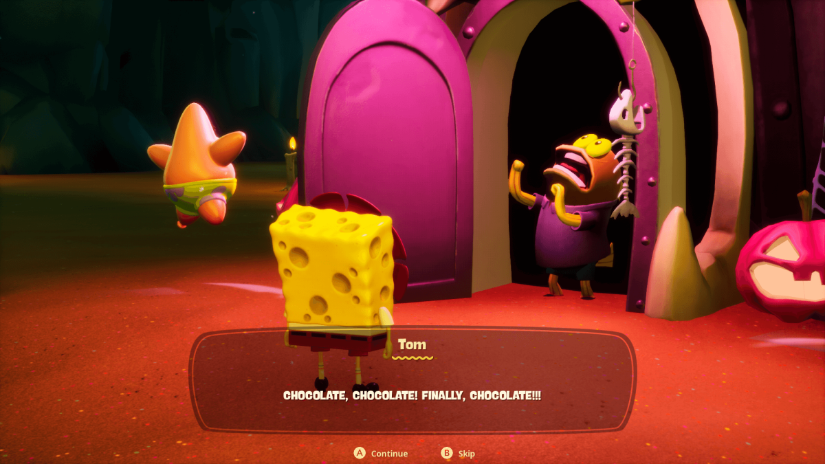 A gameplay screenshot of The Cosmic Shake, showcasing Patrick and SpongeBob talking with Tom, better known as the "CHOCOLATE?!" character.