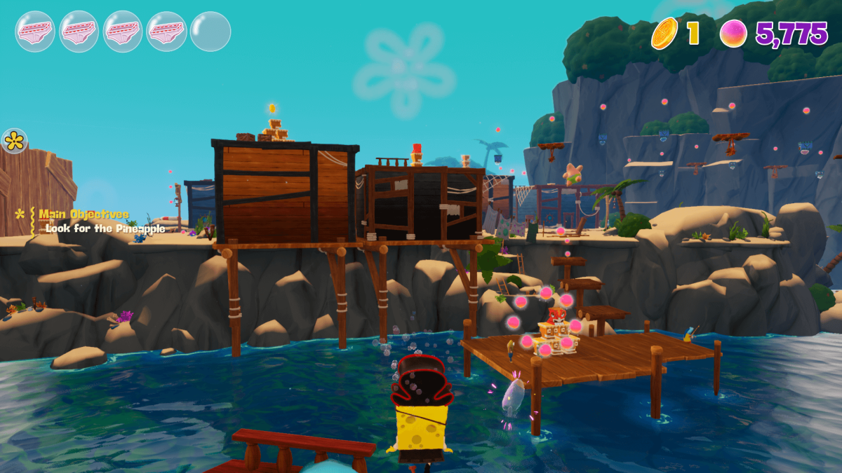 A gameplay screenshot of The Cosmic Shake, showcasing SpongeBob in a lagoon while wearing a pirate's outfit.
