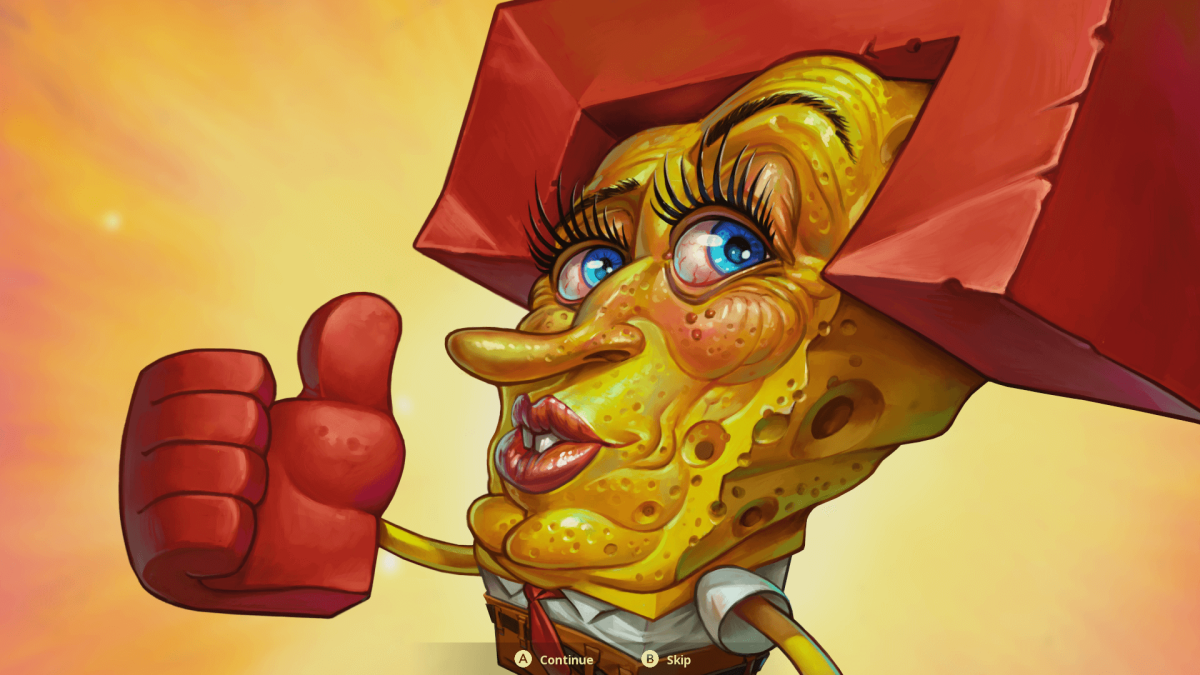 A cutscene of The Cosmic Shake, showcasing SpongeBob SquarePants in a karate outfit, posing within an exaggerated art style.