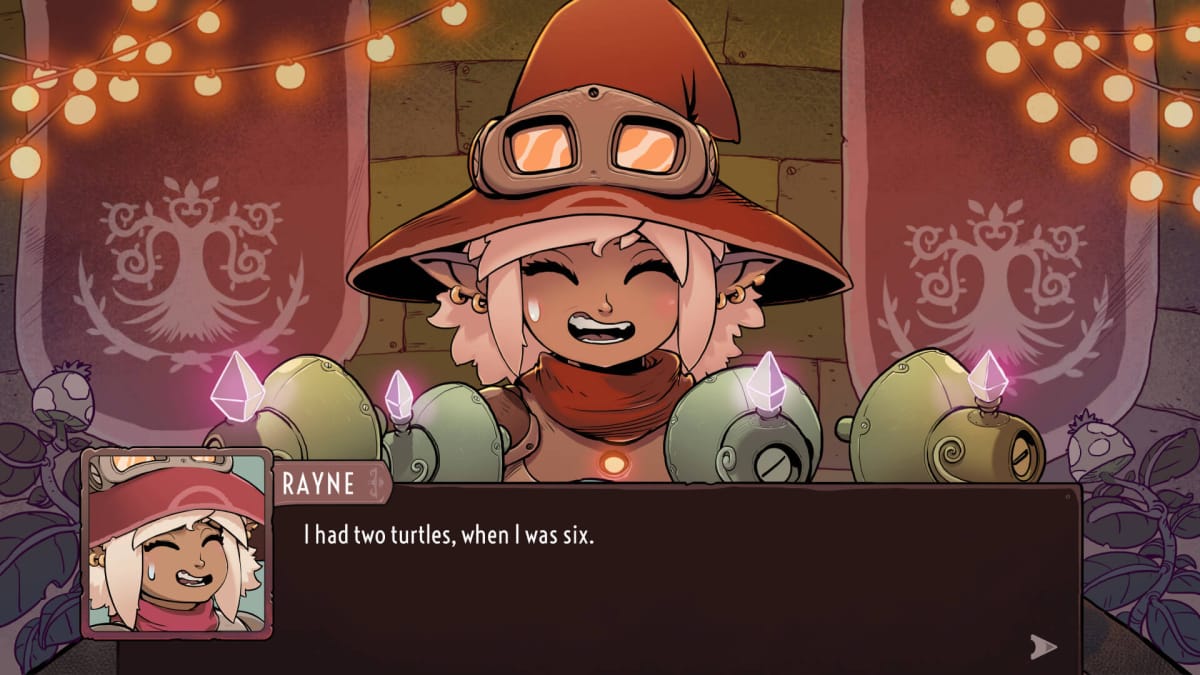 A cutscene of The Knight Witch, showcasing main character Rayne being asked about childhood pets.