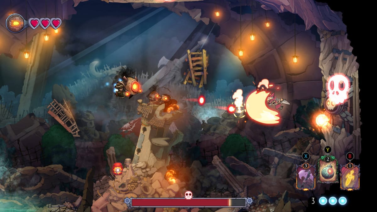 A gameplay screenshot of The Knight Witch, showcasing player-character Rayne in battle against several steampunk creatures.