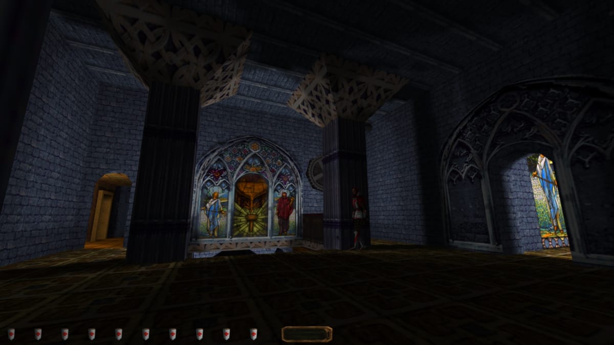 Thief screenshot showing an early-3d-graphics representation of a temple with stained glass windows and a guard standing against a pillar. 