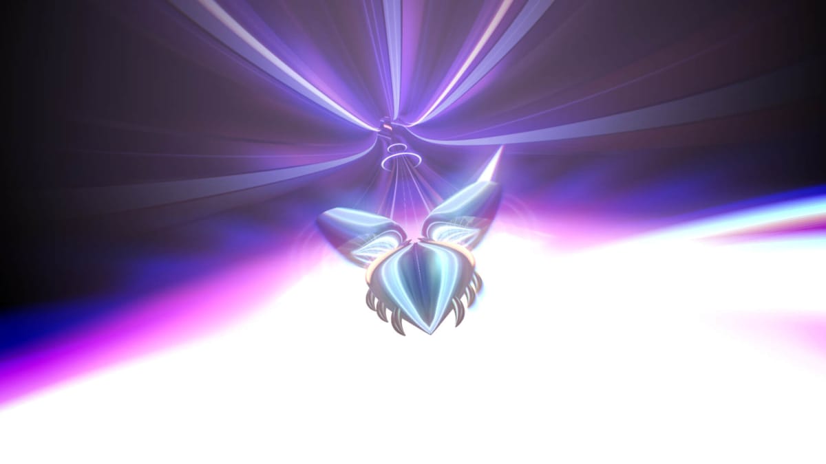 An in-game screenshot of Thumper, showcasing the space beetle hovering over a white light, surrounded by purple beams lighting the highway.