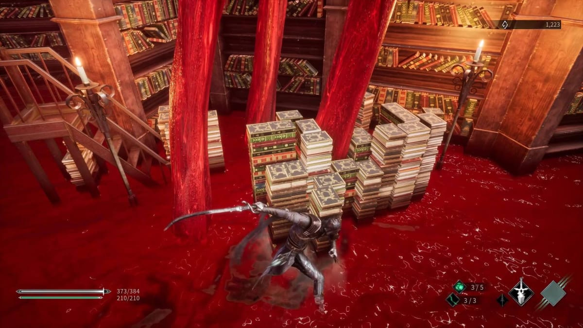 Corvus pointlessly attacking some books in Thymesia