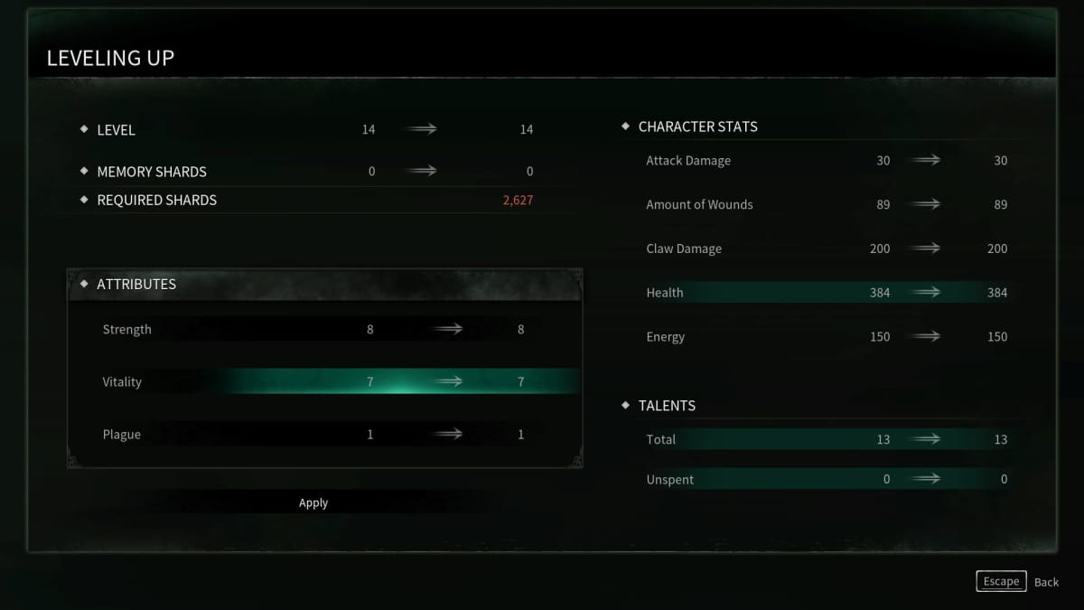 Thymesia Screenshot of the character menu showing Corvus' stats, How To Prepare for The First Boss in Thymesia 