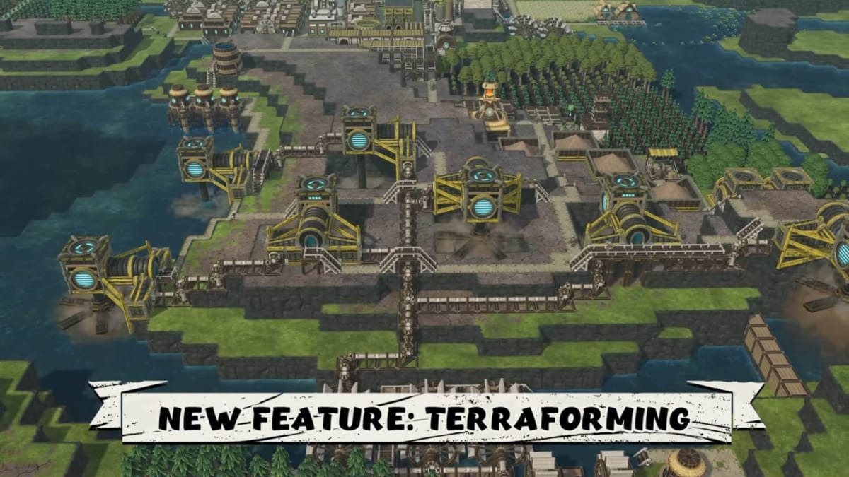 A thriving beaver colony in the new Timberborn update with a banner below reading "NEW FEATURE: TERRAFORMING"