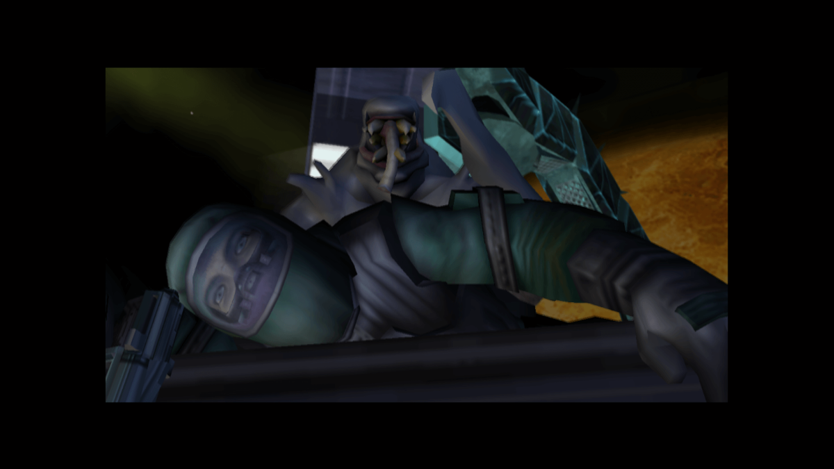A cutscene of TimeSplitters 2, showcasing a dead body in hazmat gear with a fierce alien looking towards the camera.