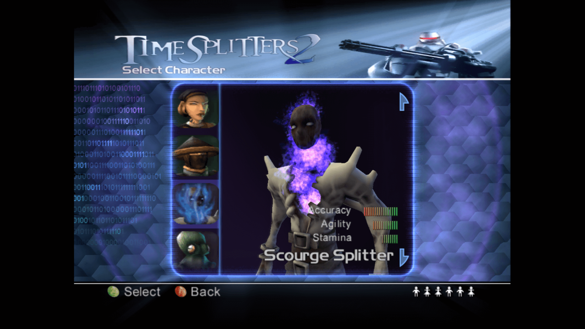 A screenshot of TimeSplitters 2, showcasing the character selector, with "Scourge Splitter" in view.