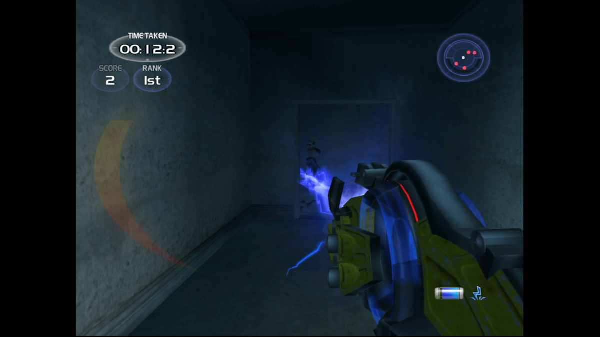 A gameplay screenshot of TimeSplitters 2, showcasing the player using an ElectroTool against a multiplayer bot.