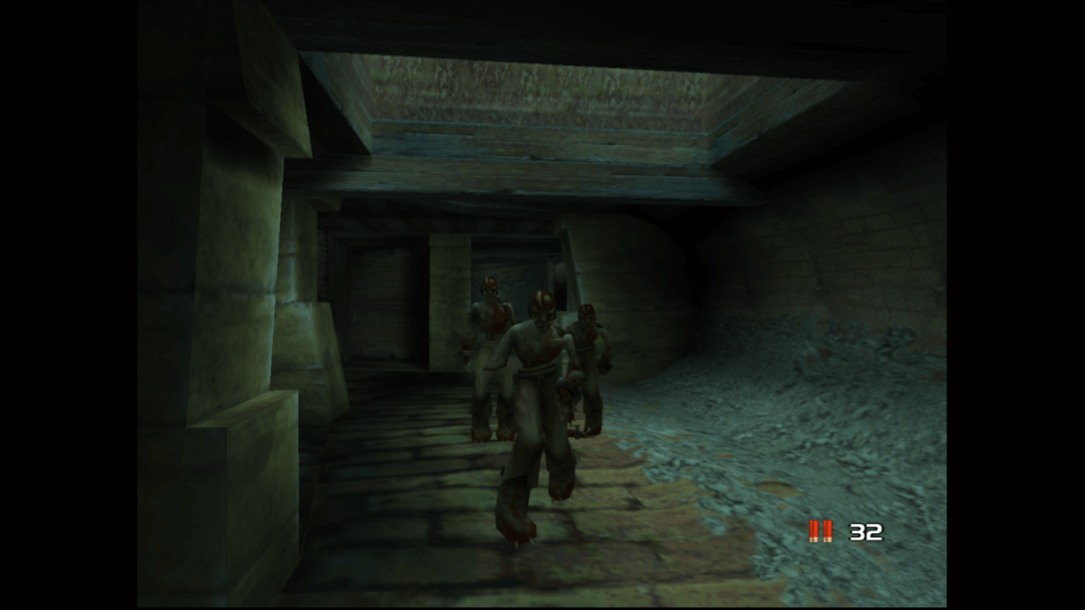 A gameplay screenshot of TimeSplitters 2, showcasing the player using a double-barreled shotgun against several zombies in the campaign.