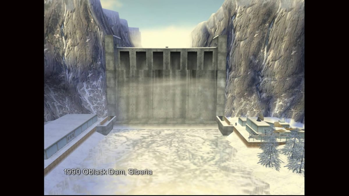 The introduction scene to TimeSplitters 2, showcasing the now iconic Oblask Dam in harsh white snow.