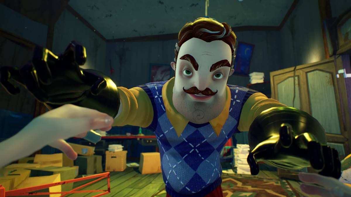 The titular neighbor attacking the player in upcoming TinyBuild game Hello Neighbor 2