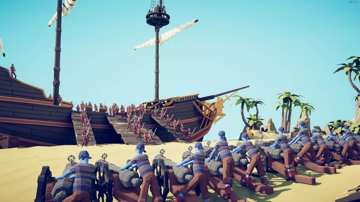 An army lined up and firing cannons at an invading enemy army in Totally Accurate Battle Simulator