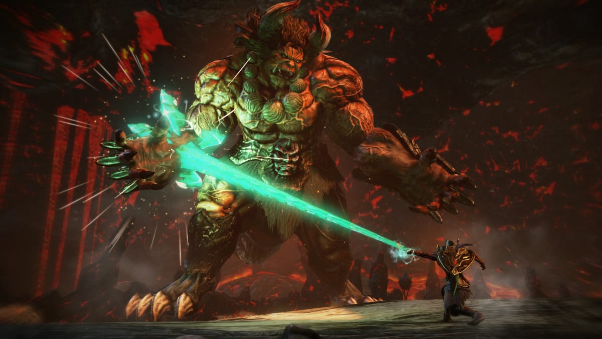 Monster Hunter Rival screenshot showing a character taking on a huge monster in Toukiden 2.