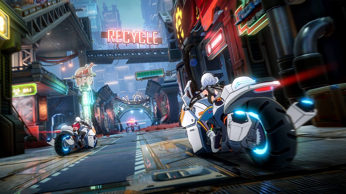 Two characters riding on motorcycles in a cyberpunk city in Tower of Fantasy