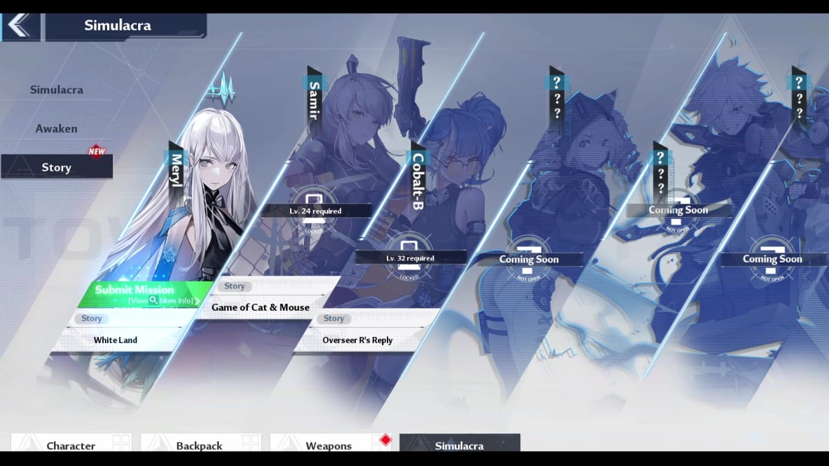 The Tower of Fantasy Simulacrum Story Select Screen