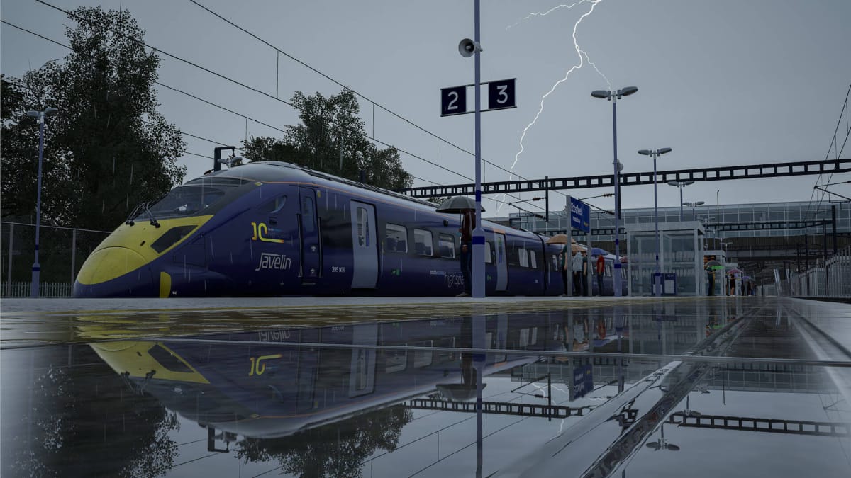 A train pulling into the station amid stormy weather in Train Sim World 3, part of the Xbox Game Pass September 2022 lineup