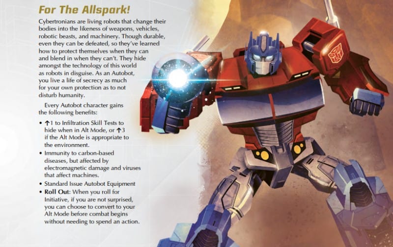 A screenshot of an Autobot perk from Transformers: The Roleplaying Game