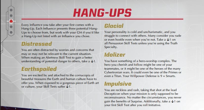 A text box of Hang-Ups from Transformers: The Roleplaying Game