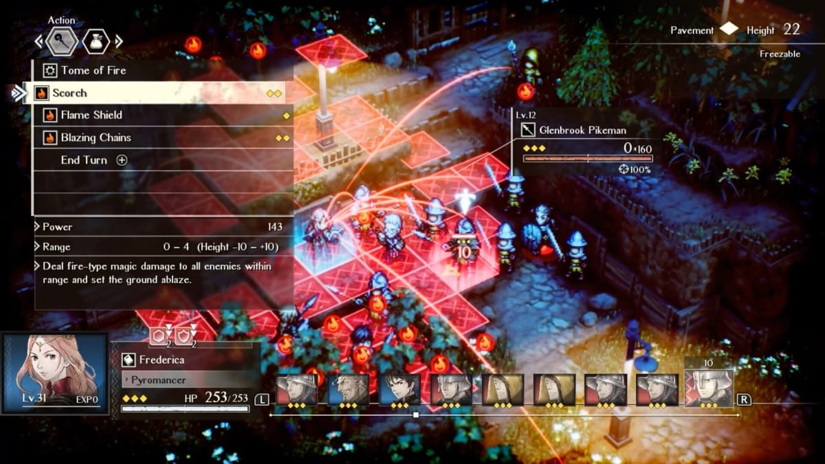 Triangle Strategy screenshot shows a character getting attacked by a lot of dudes at once.