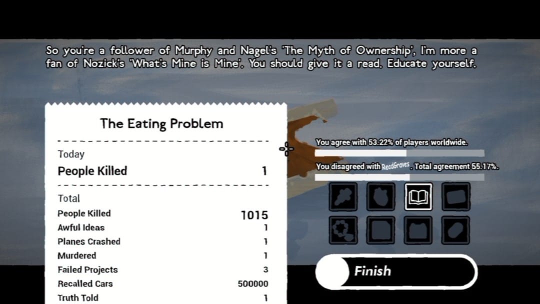 An end of problem screen with narration text making a joke about the Myth of Ownership