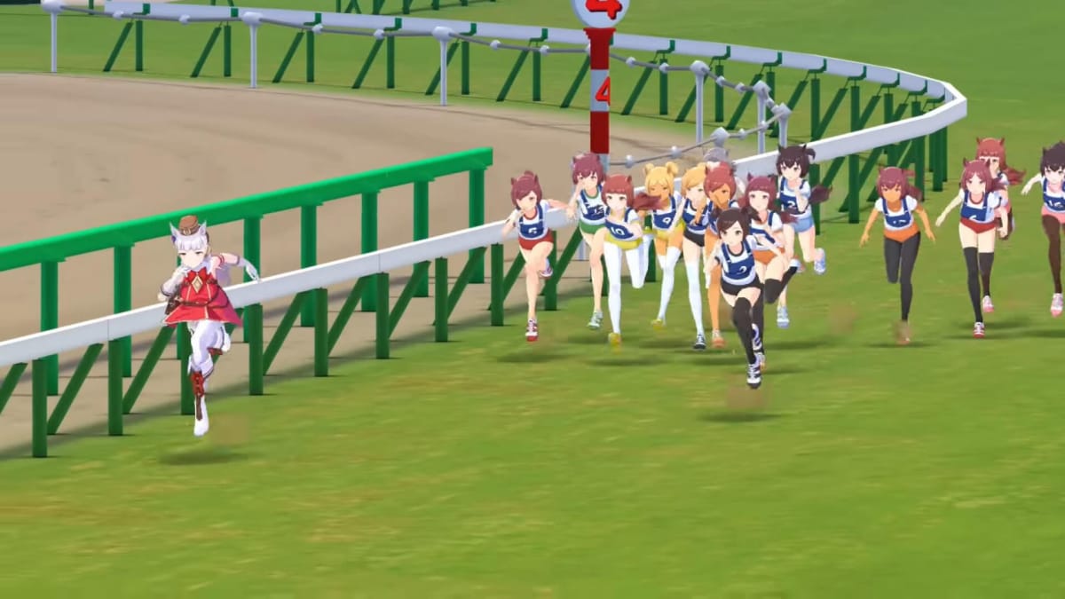 A group of "horse daughters" running on a track in the mobile gacha game Uma Musume