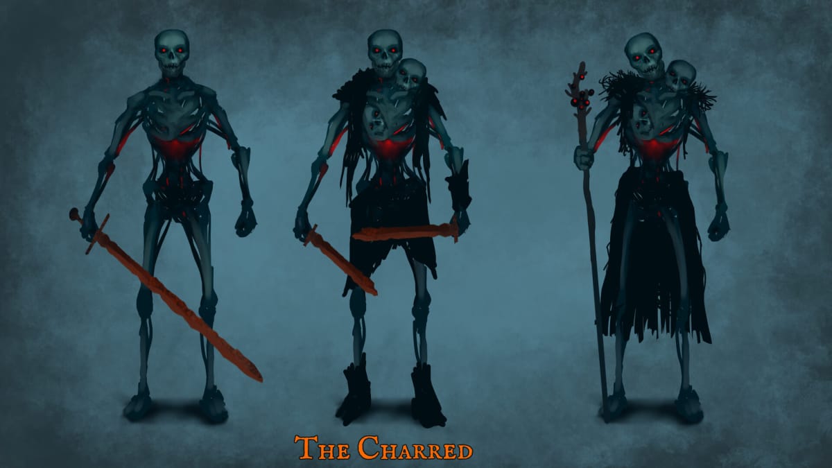Three Charred enemies, which look like skeleton warriors, in Valheim's Ashlands update