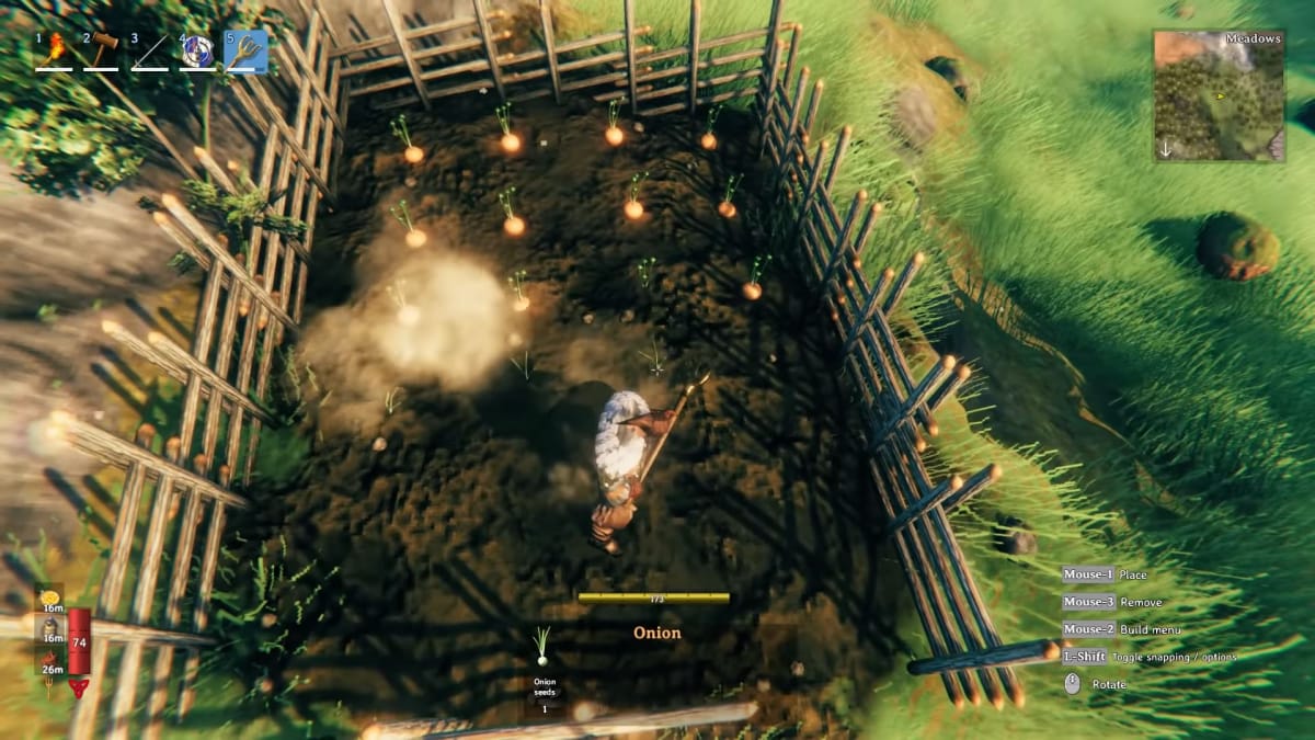The player planting onions in the new Valheim Hearth and Home update
