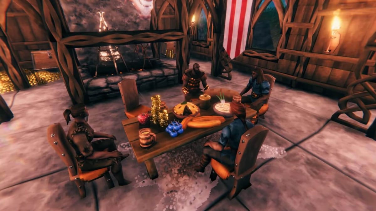 A group of Vikings sitting around a feast in the new Valheim update
