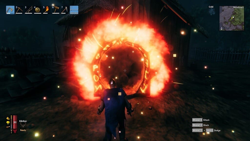 A player walking through a portal in Valheim