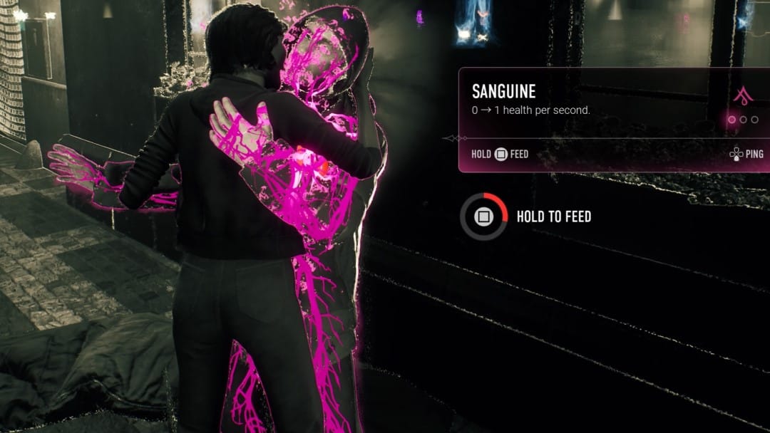 A vampire feeding on a victim, their blood vessels glowing pink