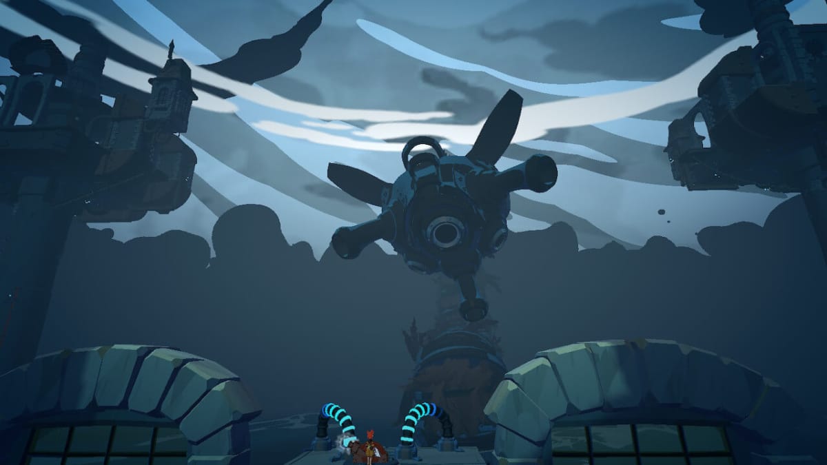 A cutscene of Wavetale, showcasing the game's main threat looming over a murky ocean.
