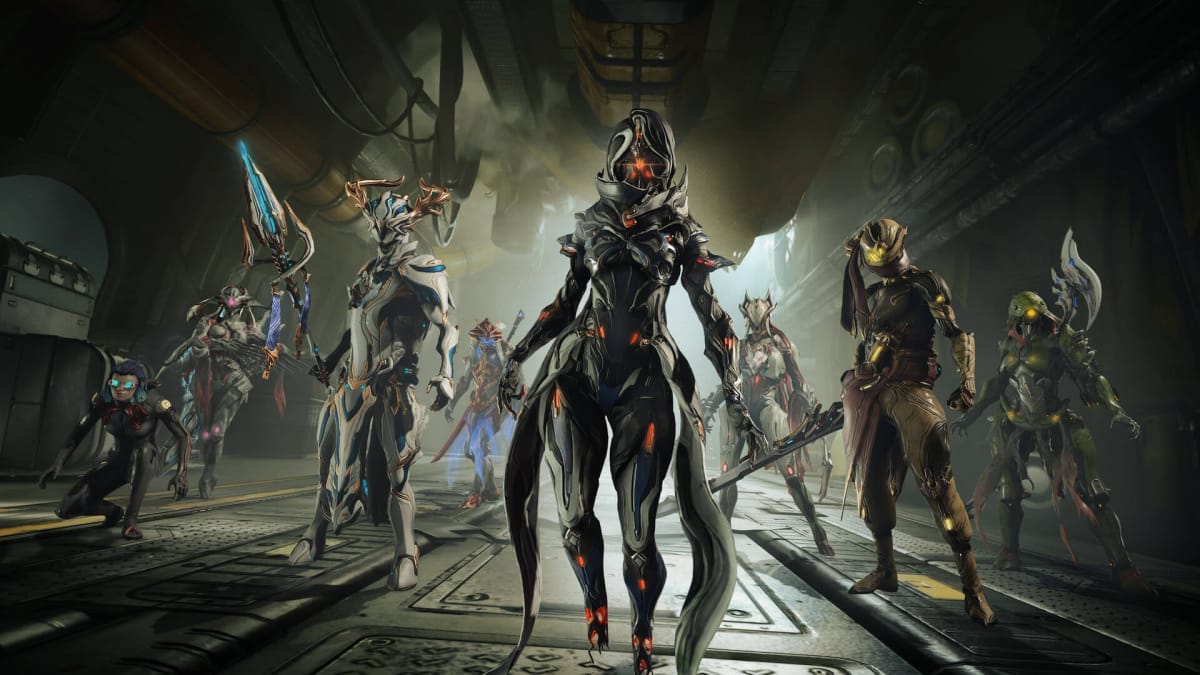 Warframe screenshot shows a bunch of players and NPCs staying together and looking cool.