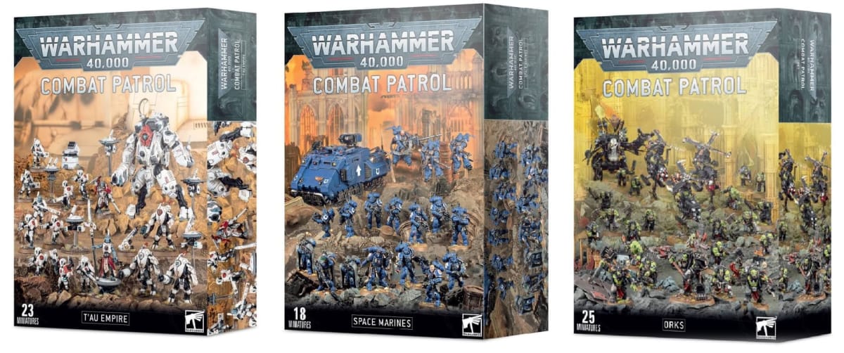 A selection of Warhammer 40K Combat Patrol boxes.