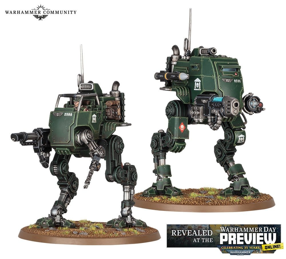 An image of the Warhammer 40K Astra Militarum Army Set Sentinel, a two-legged war machine painted army green