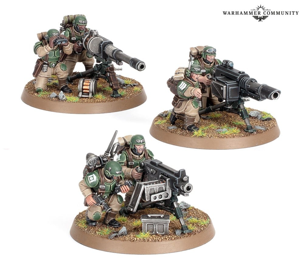 An image of the Warhammer 40K Astra Miliatrum Heavy Weapons Squad, featuring men wielding huge guns